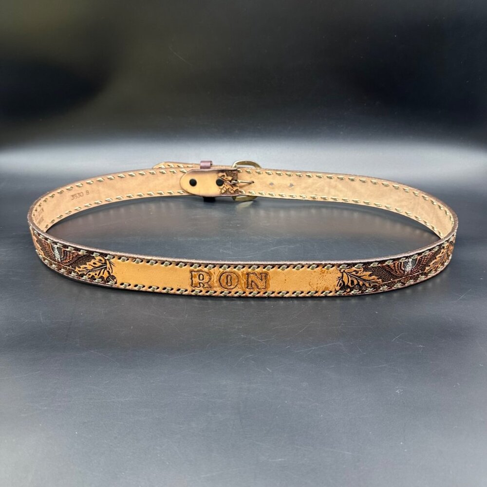 Vintage Leather Belt Eagle Leaf Western Personalized Ron Size 44 Handmade Retro - Picture 3 of 9